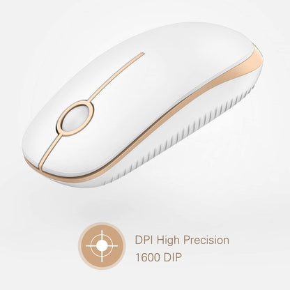 Wireless Mouse, 2.4G Slim Portable Computer Laptop Mouse with Nano Receiver Quiet Silent Optical Mice for Notebook, PC, Laptop, Computer-White and Gold